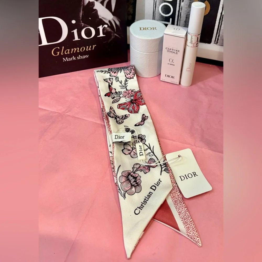 NWT DIOR BEAUTE Cream/Pink 100% Silk Scarf/Serum/Maximizer 3D Mascara Primer